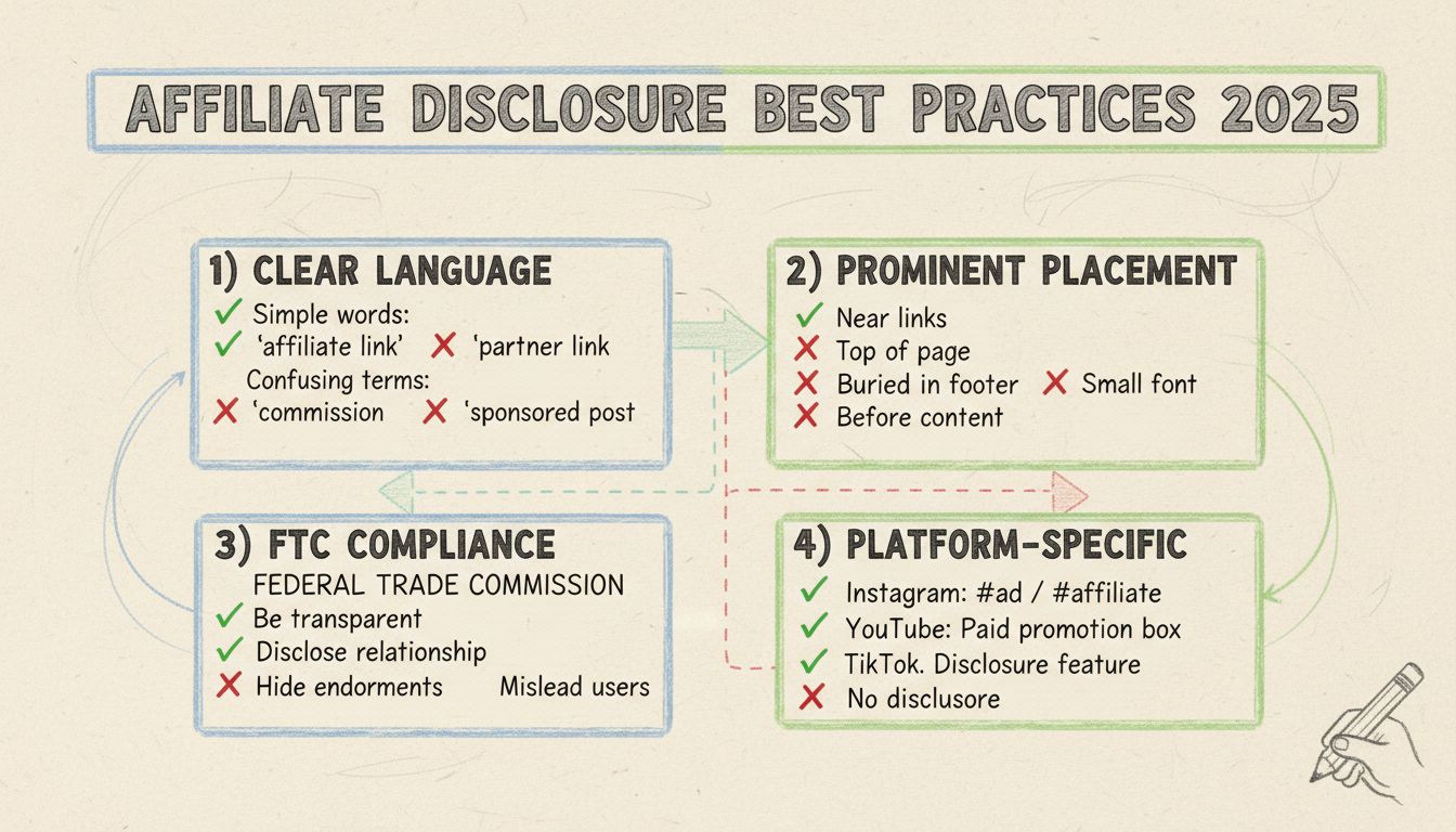 Affiliate disclosure best practices infographic showing clear language, prominent placement, FTC compliance, and platform-specific requirements