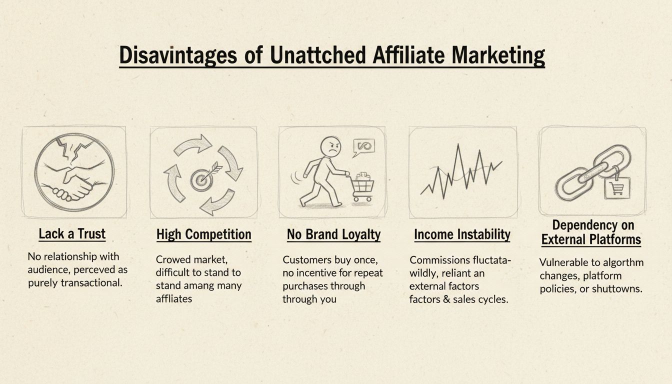 Hand-drawn diagram showing five main disadvantages of unattached affiliate marketing: lack of trust, high competition, no brand loyalty, income instability, and platform dependency