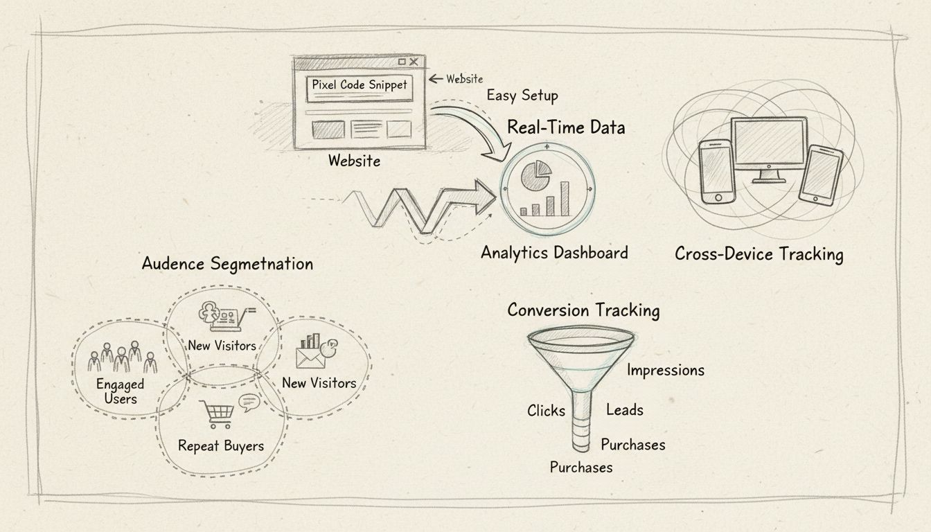Infographic showing pixel tracking benefits including easy setup, real-time data collection, cross-device tracking, conversion tracking, and audience segmentation