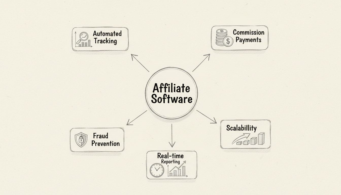 Core benefits of affiliate software including automated tracking, commission payments, fraud prevention, scalability, and real-time reporting