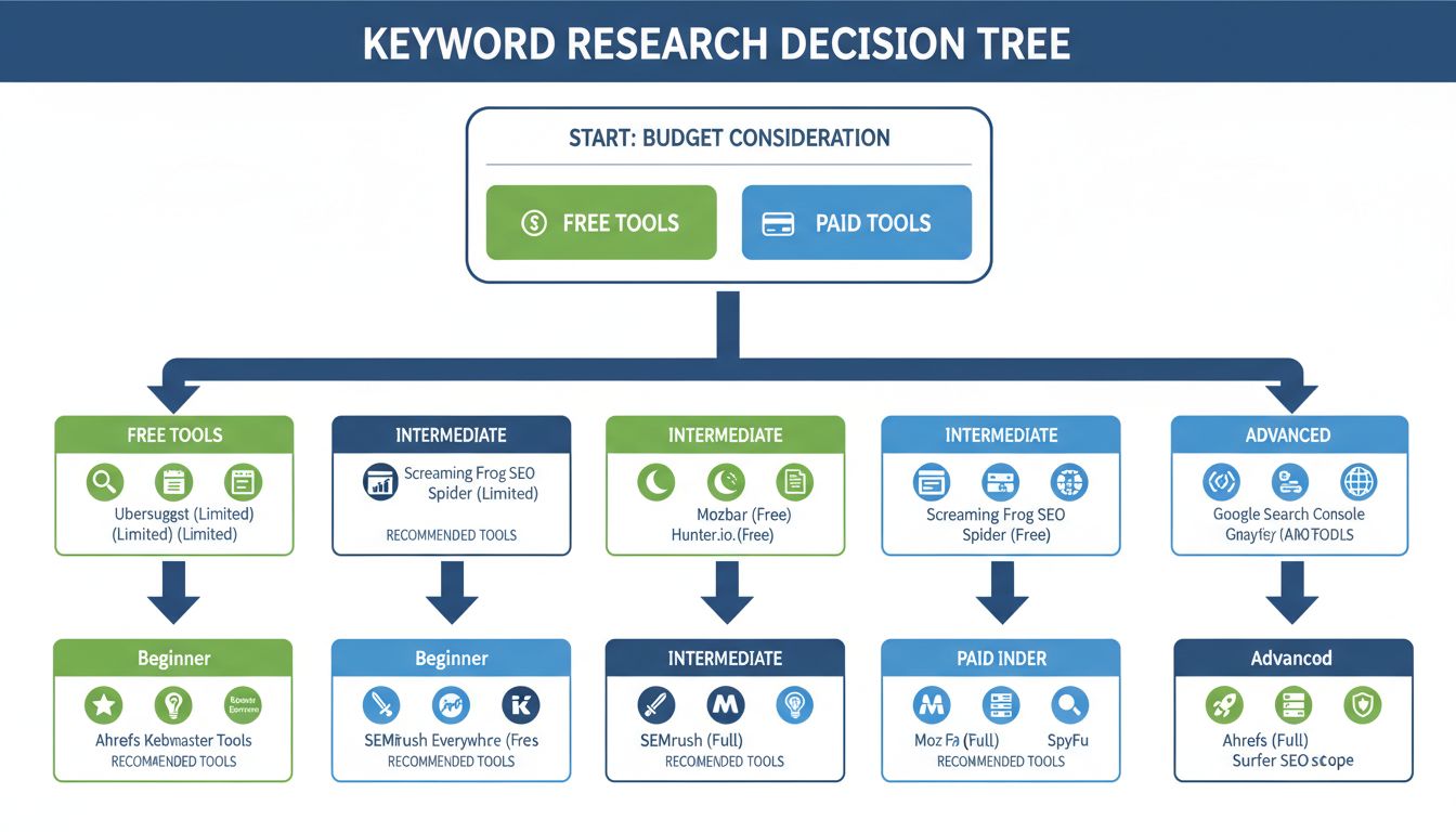Decision tree flowchart for selecting keyword research tools based on budget and experience level