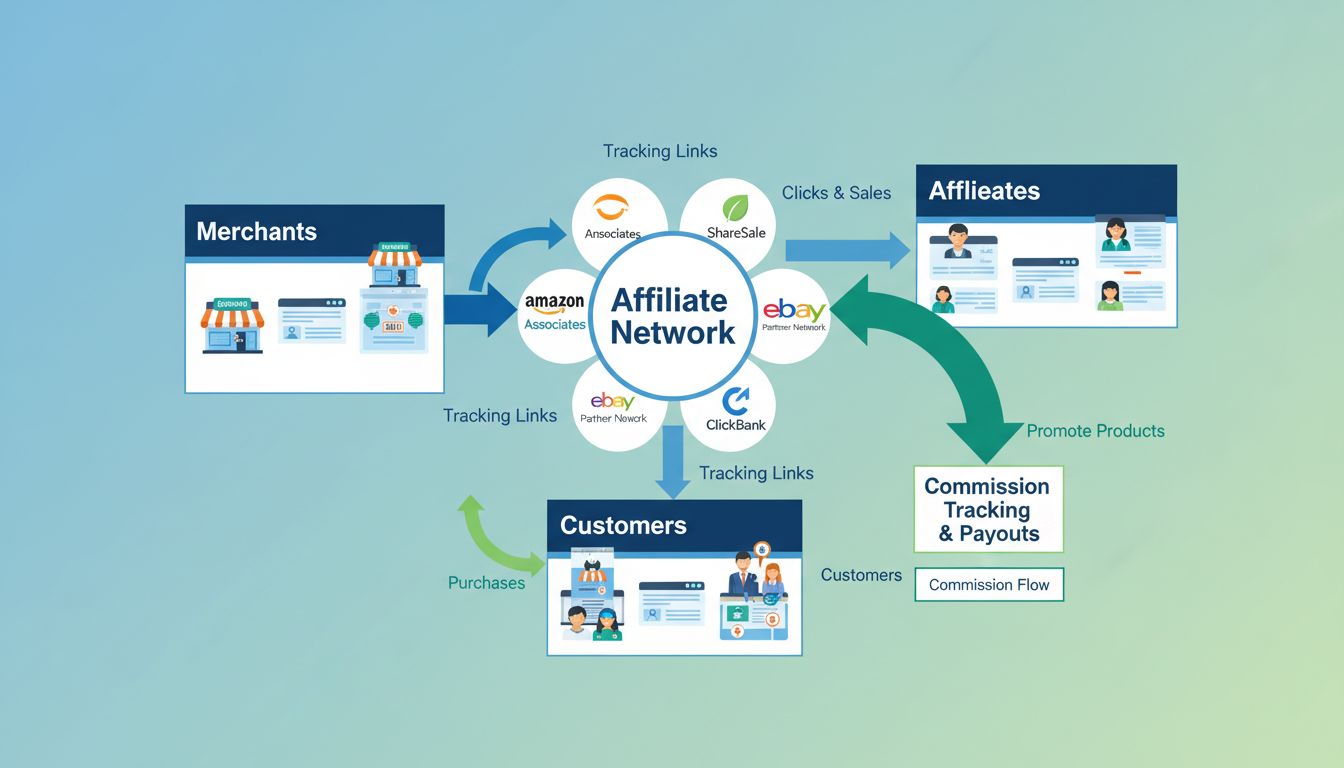 Affiliate network ecosystem diagram showing merchants, affiliates, customers, and commission tracking flow