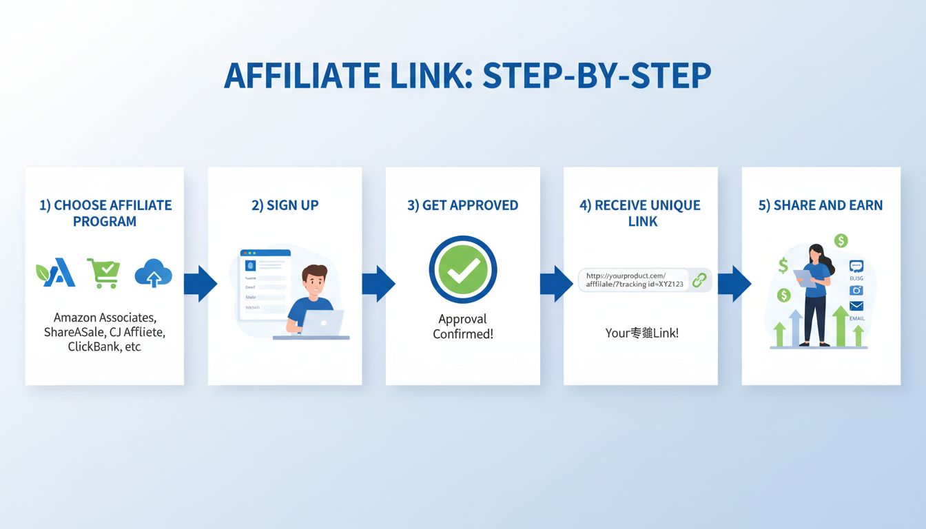 Step-by-step process diagram showing how to get an affiliate link with 5 steps: choose program, sign up, get approved, receive unique link, and share to earn