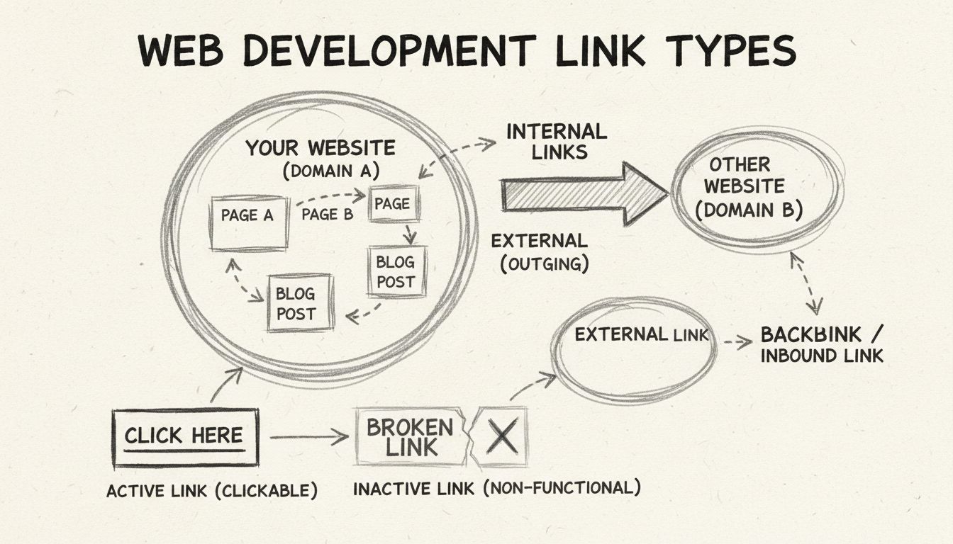 Hand-drawn diagram showing different types of links including internal links, external links, backlinks, active links, and inactive links with directional arrows