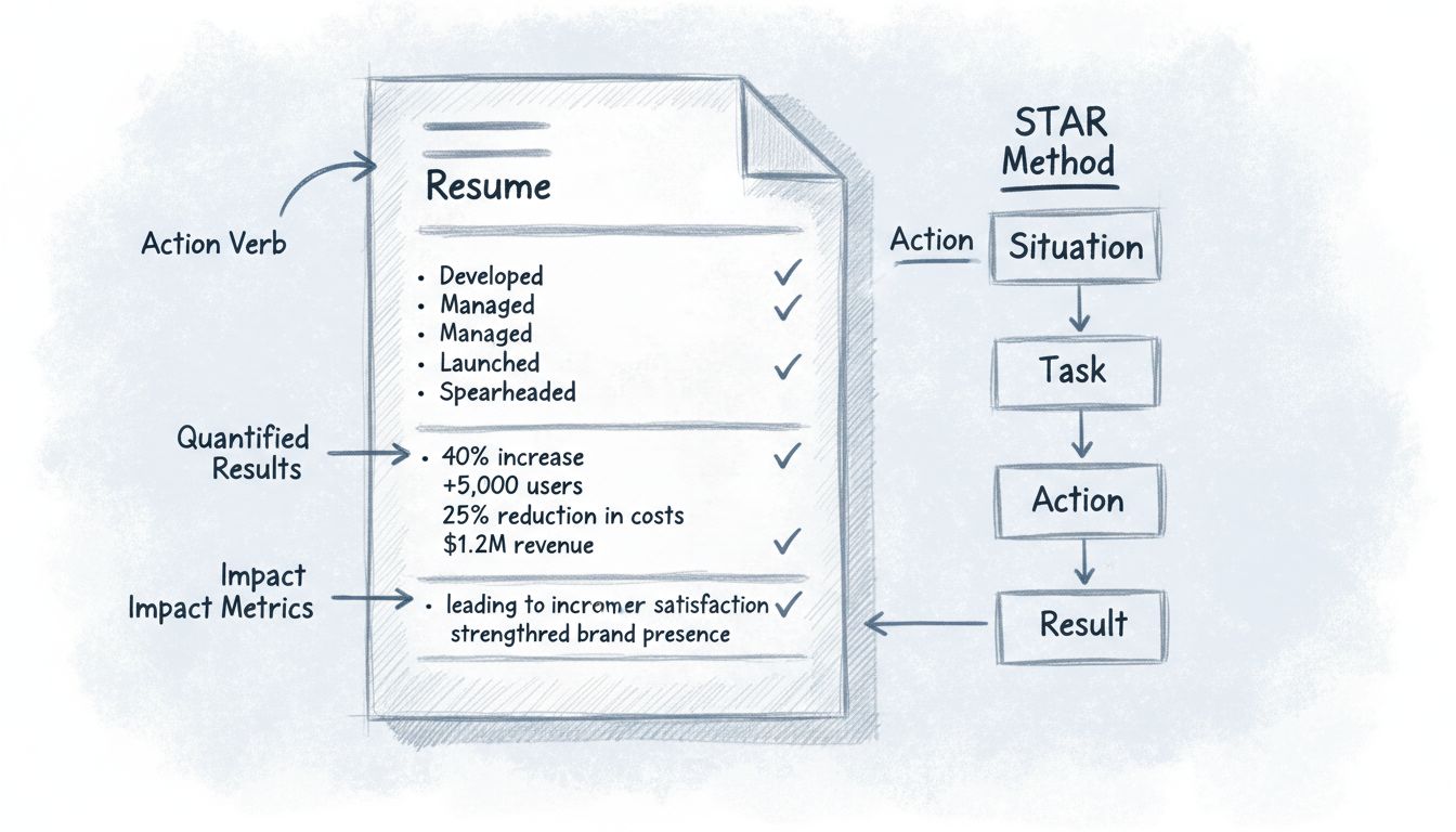 Resume achievement showcase framework with STAR method components, action verbs, quantified metrics, and impact results displayed in professional hand-drawn pencil diagram style