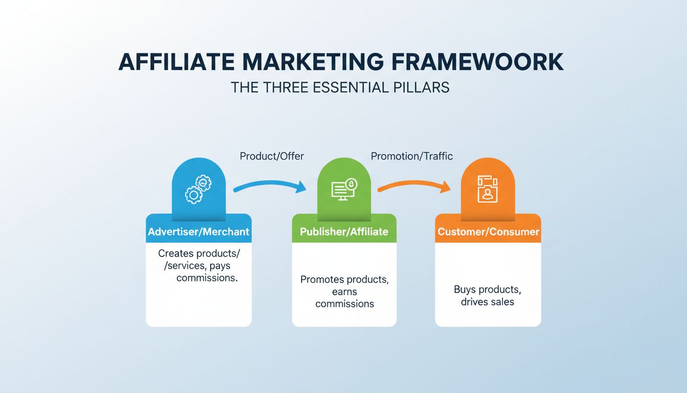 Three pillars of affiliate marketing diagram showing advertiser, publisher, and customer interconnected in a circular flow