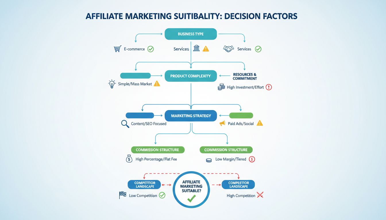 Decision factors for affiliate marketing suitability including business type, product complexity, resources, marketing strategy, commission structure, and competitor landscape