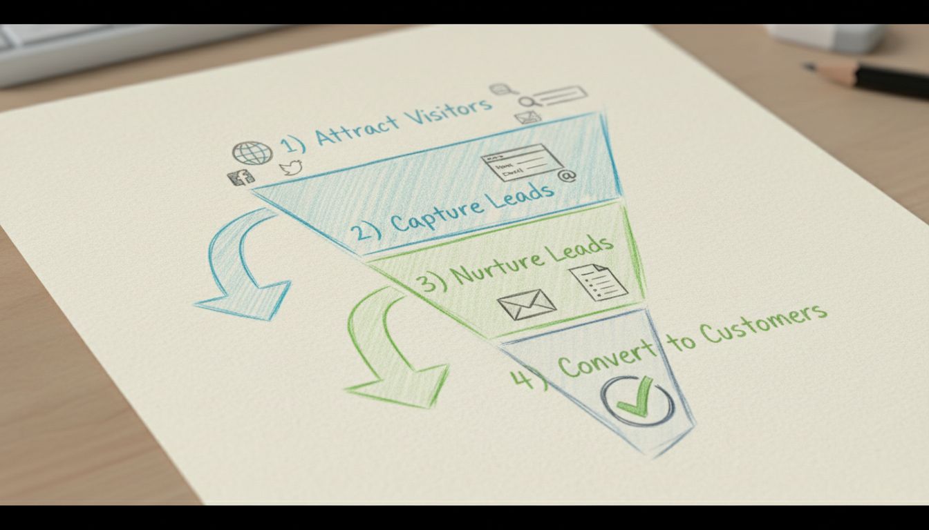 Lead generation funnel diagram showing the four stages: Attract Visitors, Capture Leads, Nurture Leads, and Convert to Customers with arrows flowing downward