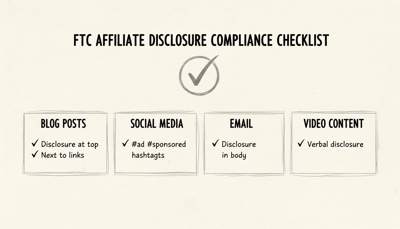 FTC affiliate disclosure compliance checklist showing proper disclosure placement for blog posts, social media, email, and video content