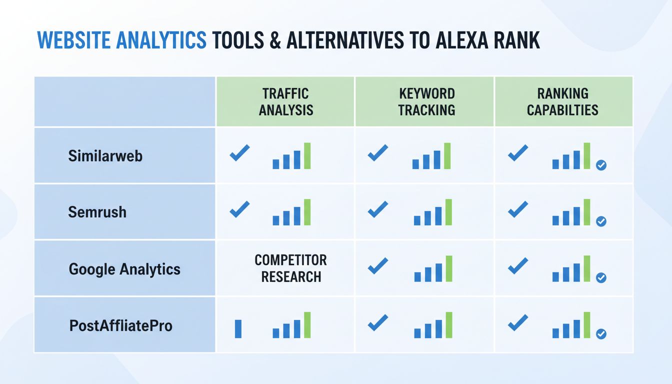 Comparison chart of website analytics tools and alternatives to Alexa rank showing features and capabilities