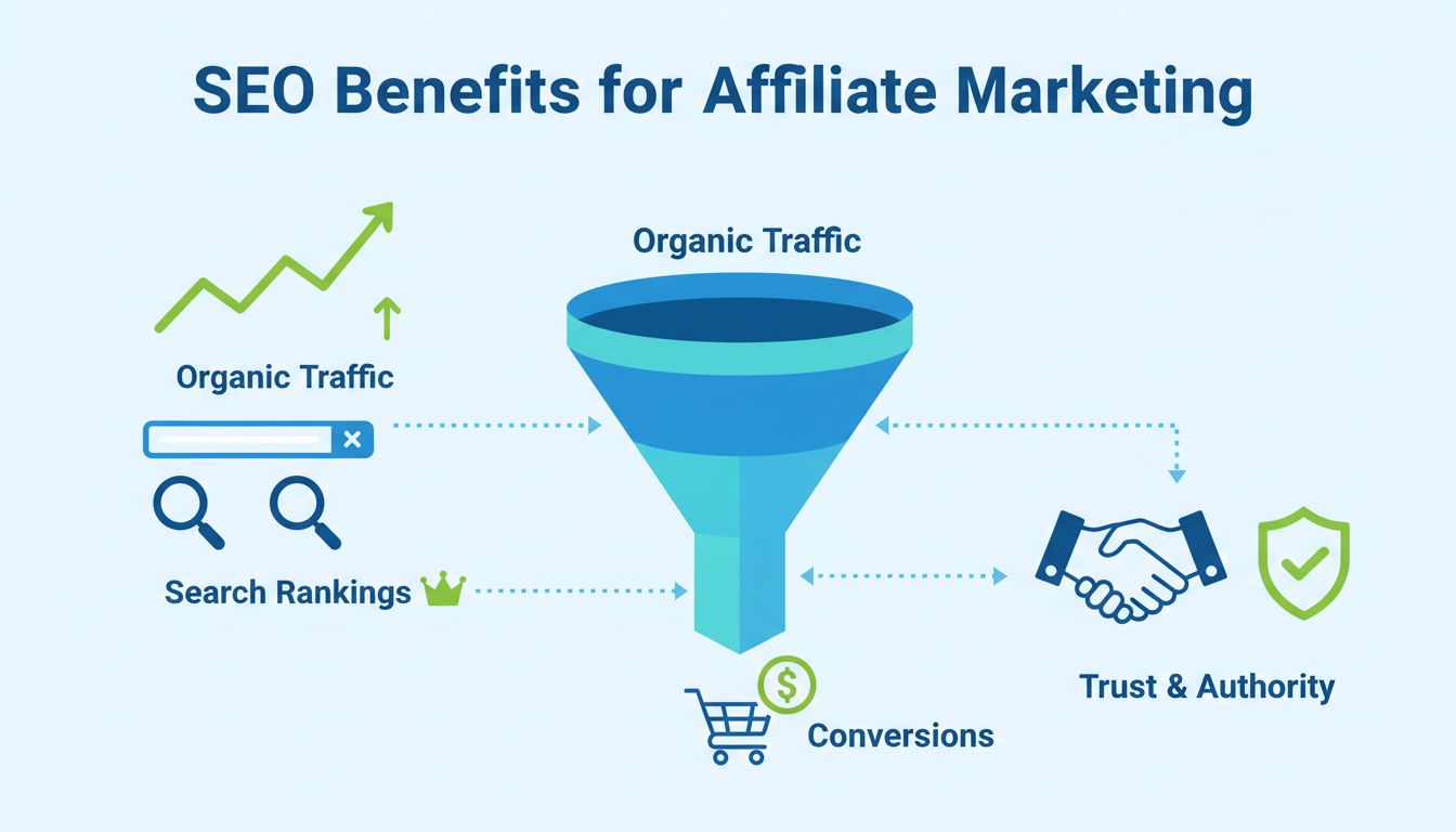 SEO benefits for affiliate marketing infographic showing organic traffic growth, search rankings, conversions, and trust building