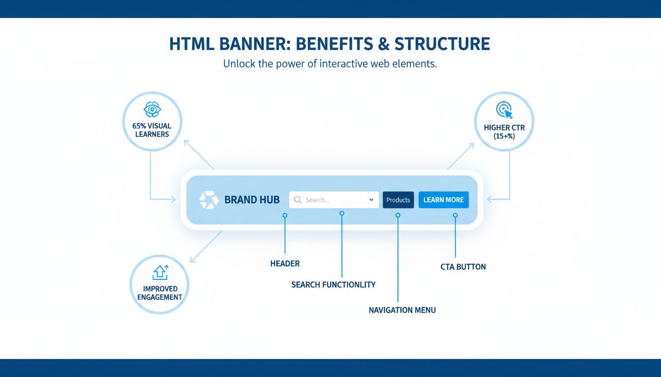 HTML banner benefits infographic showing interactive elements, metrics, and engagement features