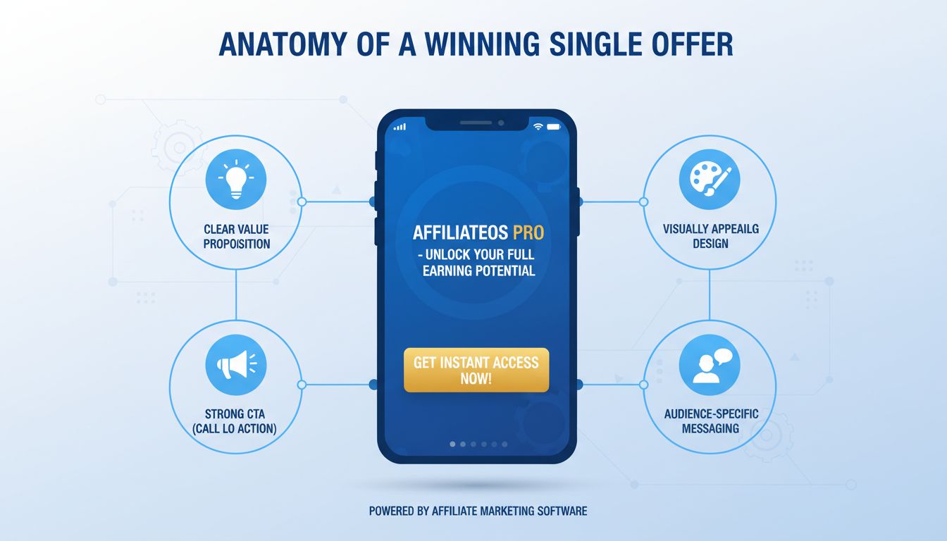 Infographic showing key components of effective single offers including value proposition, visual appeal, CTA, and audience targeting