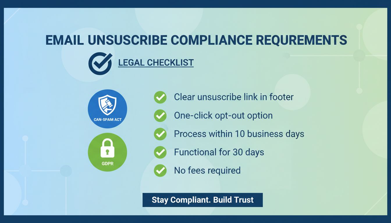 Email unsubscribe compliance requirements checklist showing CAN-SPAM and GDPR standards