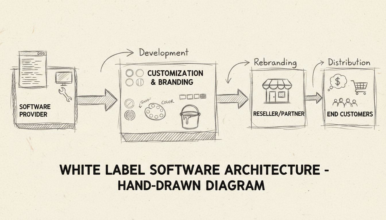White label software architecture diagram showing provider, customization, and reseller workflow