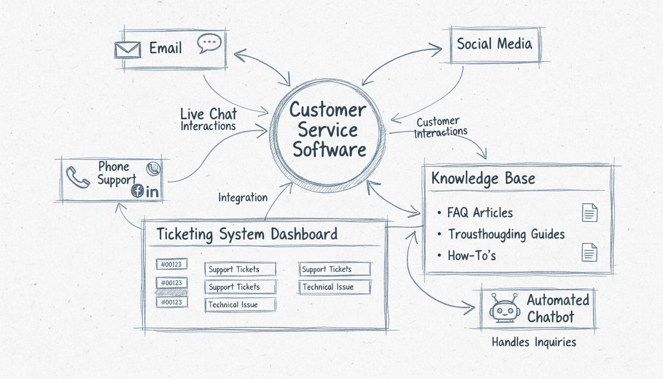Customer Service Software Architecture Diagram showing central hub with channels, ticketing system, knowledge base, and chatbot integration