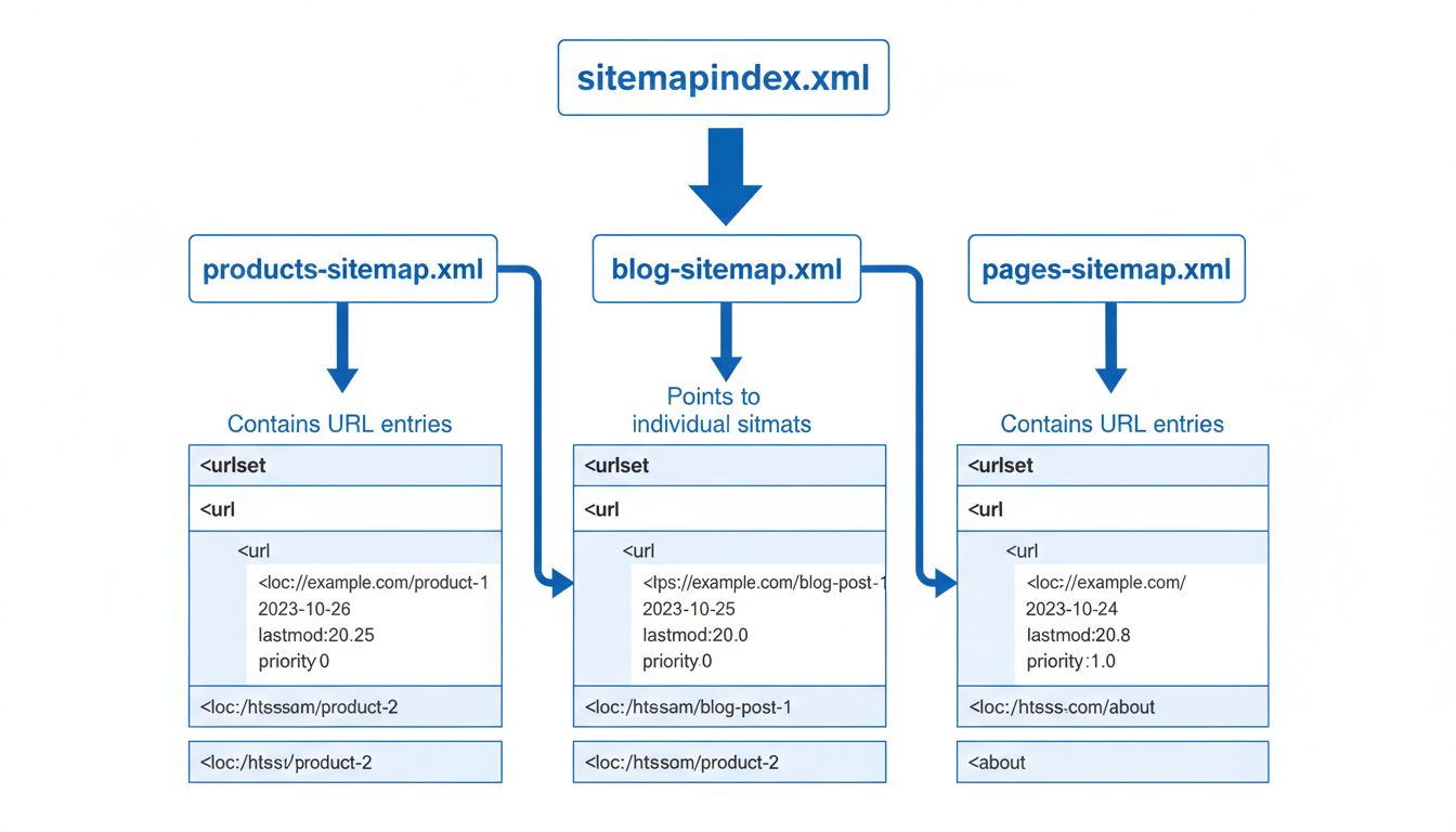 XML Sitemap Structure Diagram showing sitemap index connecting to multiple individual sitemaps with URL entries