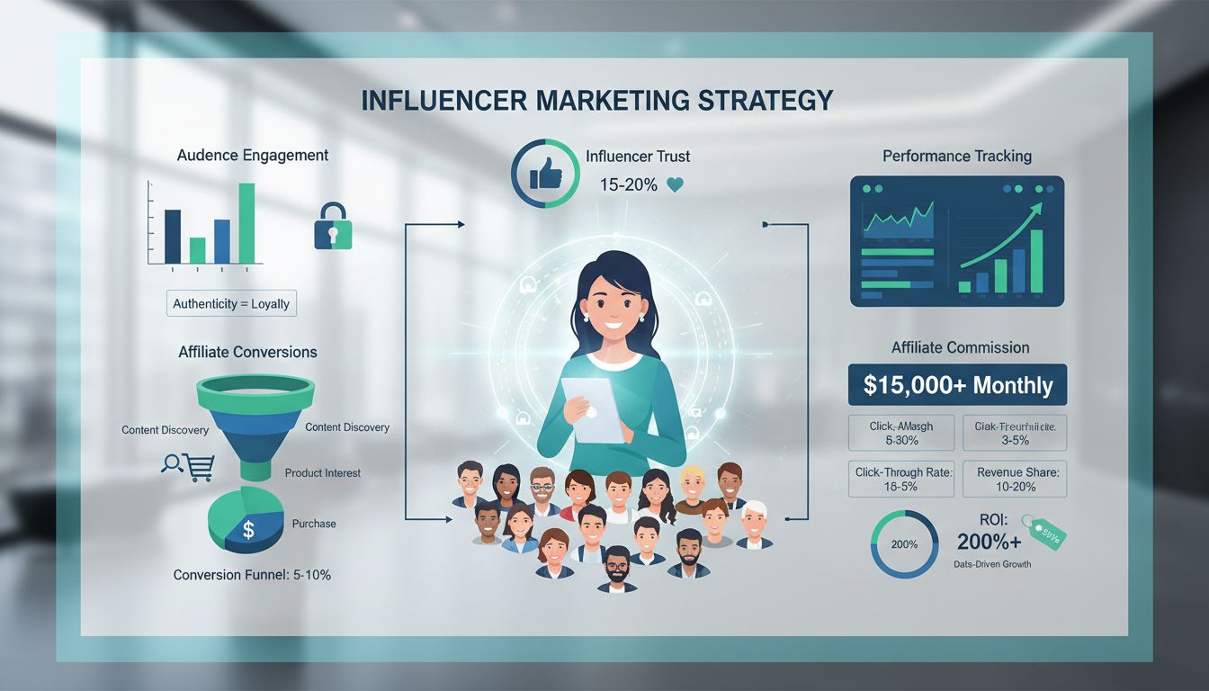 Influencer marketing strategy showing trust, audience engagement, affiliate conversions, and performance tracking metrics