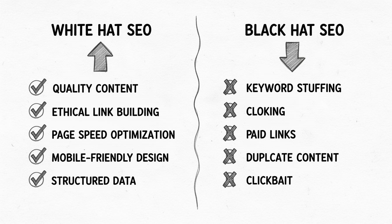 White hat vs black hat SEO techniques comparison diagram showing ethical practices with checkmarks and deceptive practices with X marks