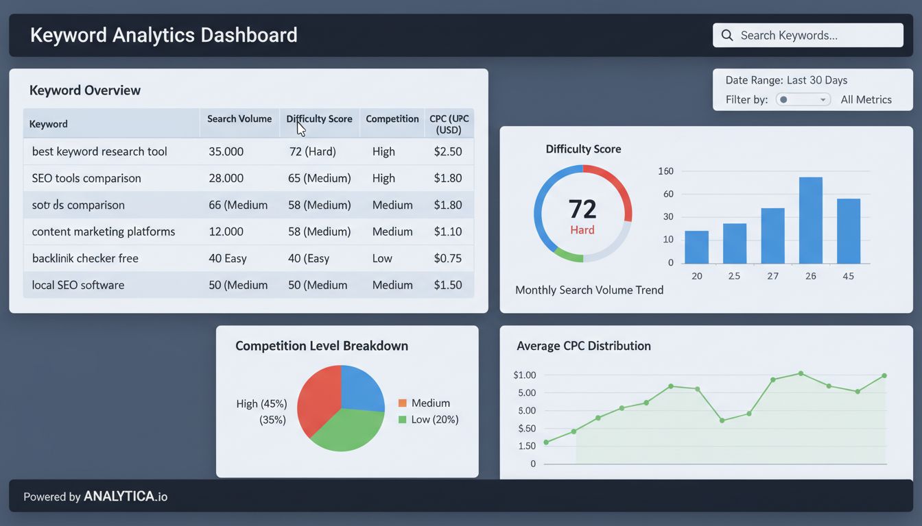 Keyword research metrics dashboard showing search volume, difficulty scores, and competition data