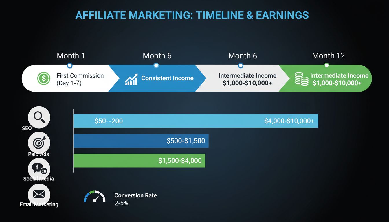 Affiliate marketing timeline showing earnings progression from day 1 to 12 months with milestones for first commission, consistent income, and intermediate earnings