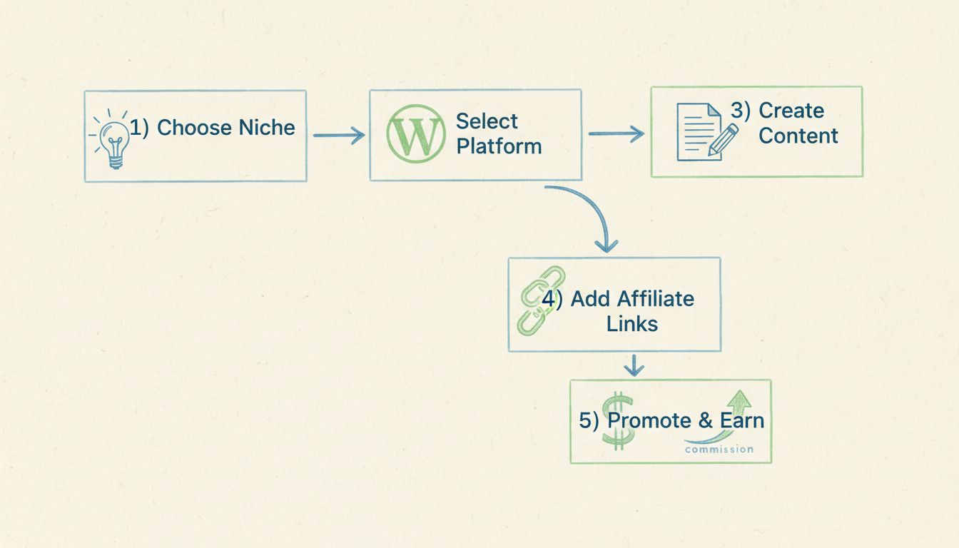 Step-by-step process of creating an affiliate marketing website showing five main steps: Choose Niche, Select Platform, Create Content, Add Affiliate Links, and Promote & Earn