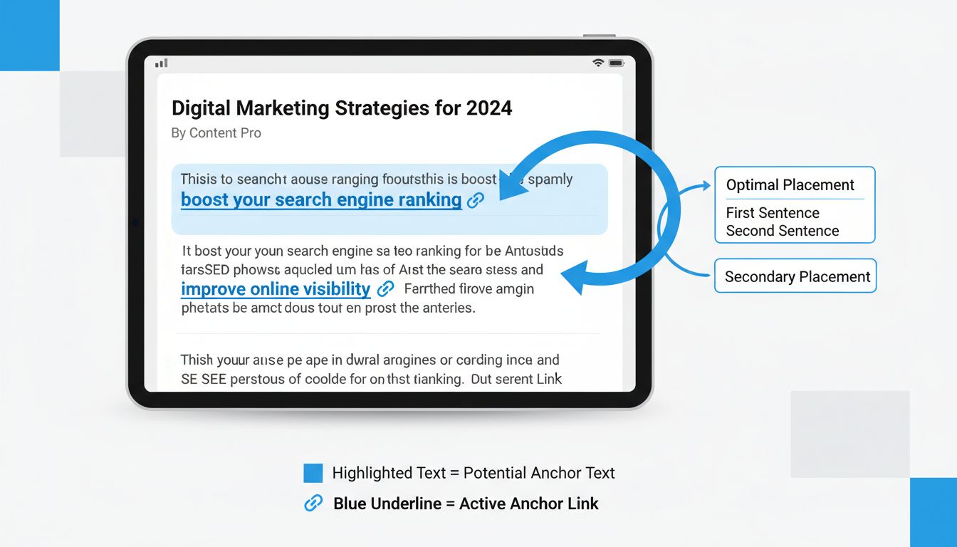 Diagram showing optimal anchor text placement in the first and second sentences of content with visual indicators