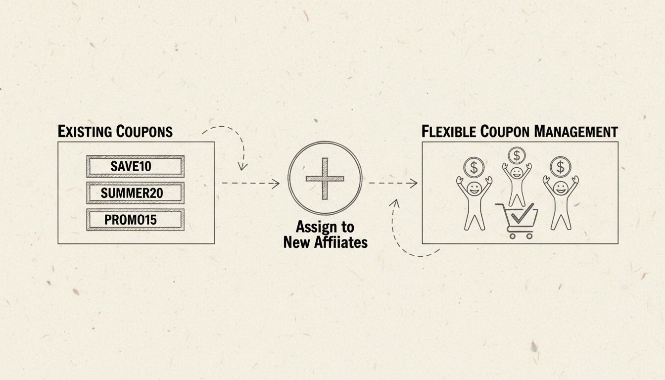 Coupon management workflow showing assignment of existing coupons to new affiliates
