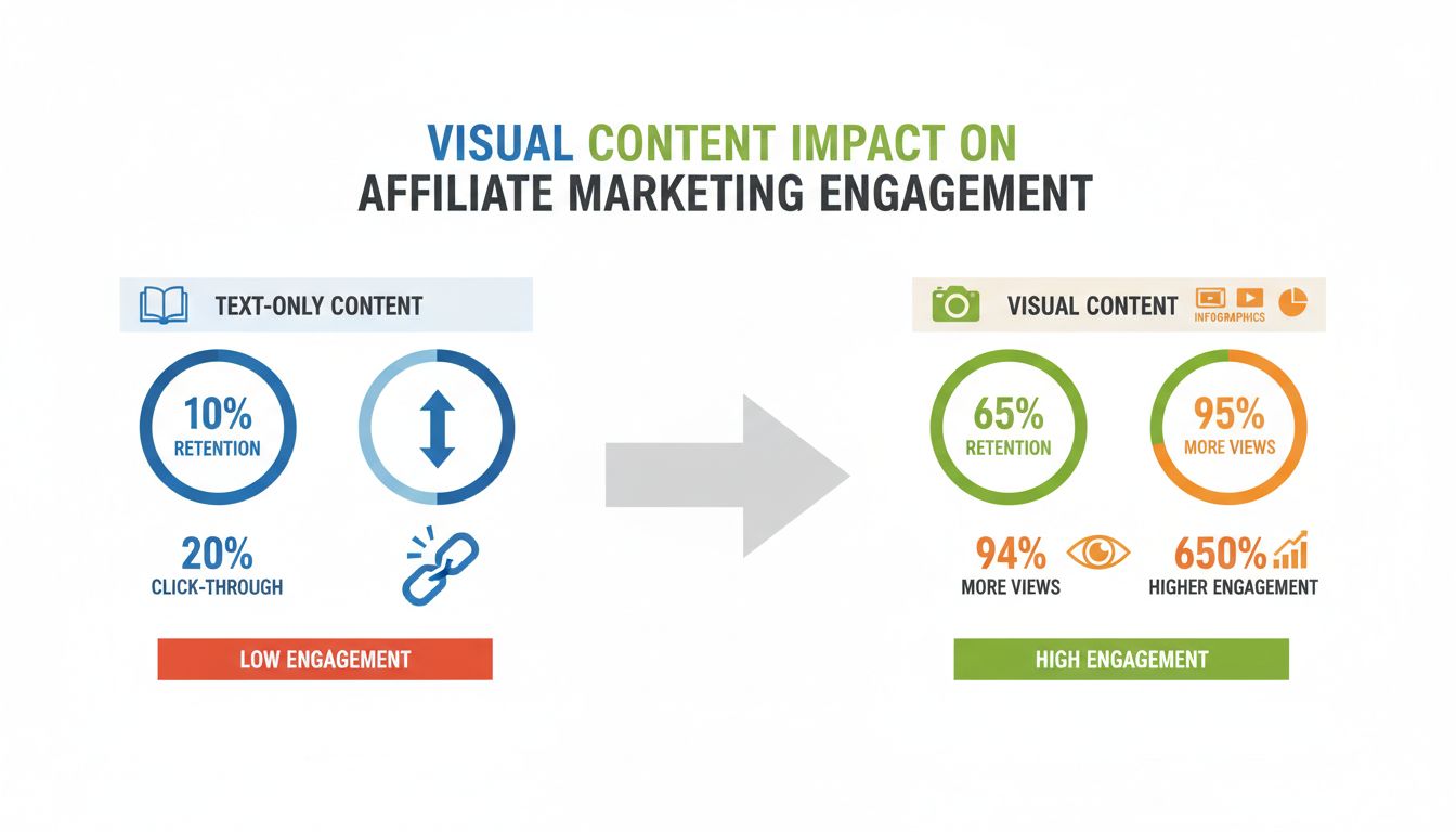 Visual content impact on affiliate marketing engagement showing 94% more views, 650% higher engagement, and 65% retention compared to text-only content