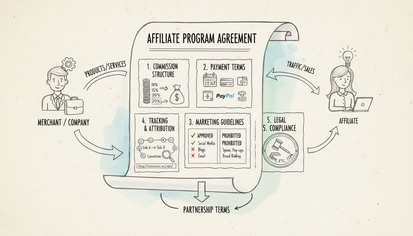 Affiliate Program Agreement Structure Diagram showing commission structure, payment terms, marketing guidelines, tracking and attribution, and legal compliance components
