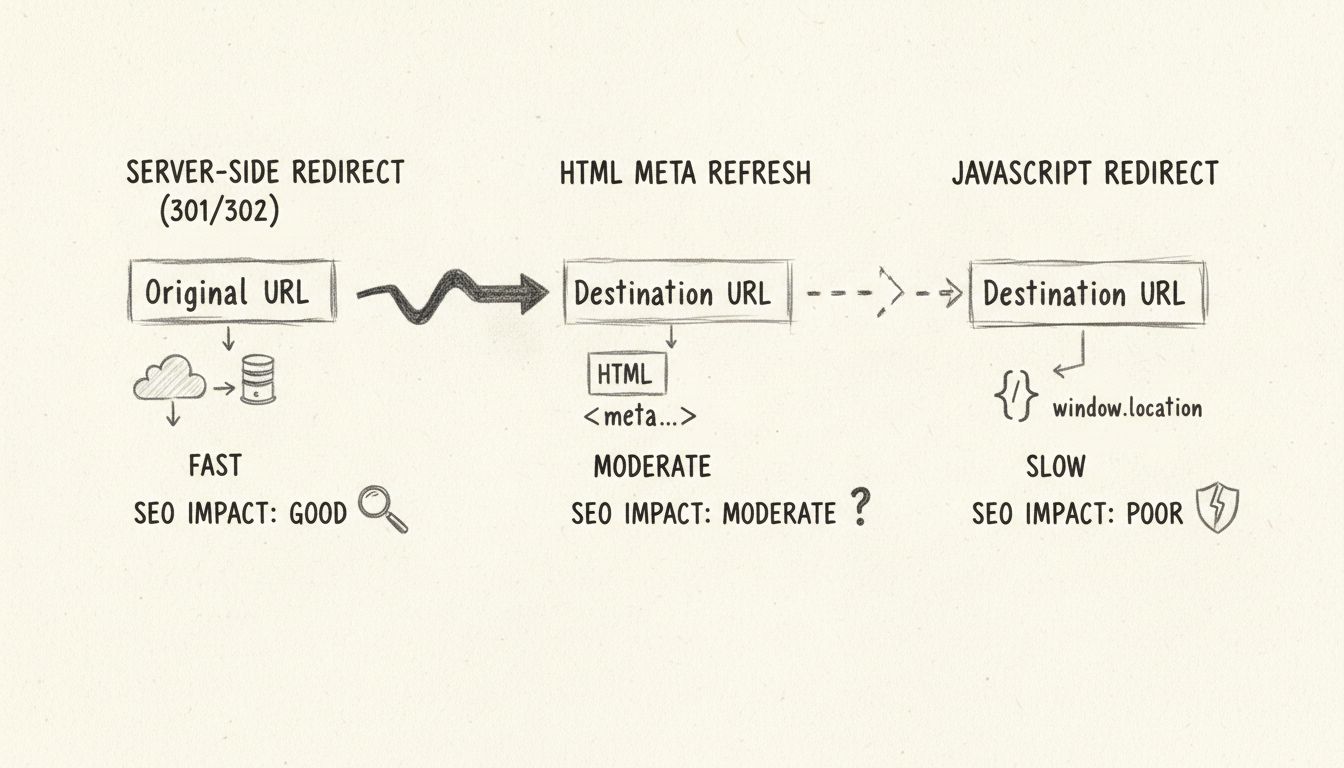 Comparison diagram of three redirect methods: server-side, HTML meta refresh, and JavaScript redirects showing speed and SEO impact