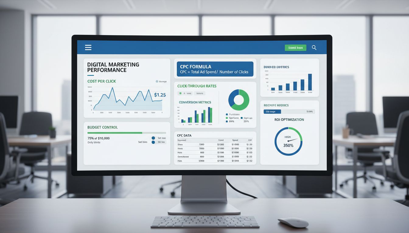 Digital marketing dashboard showing CPC metrics, analytics charts, and budget management tools