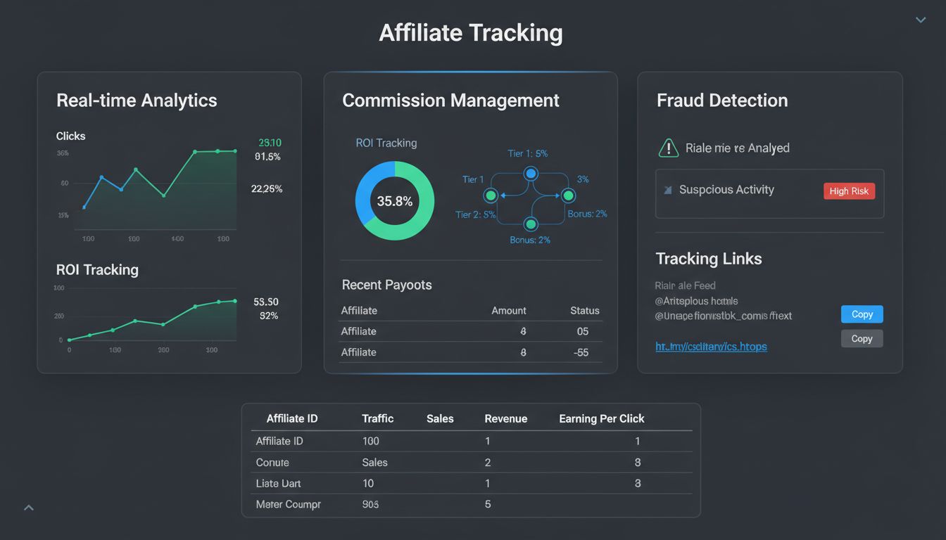 Post Affiliate Pro dashboard showing affiliate tracking metrics, real-time analytics, commission management, fraud detection, and ROI tracking