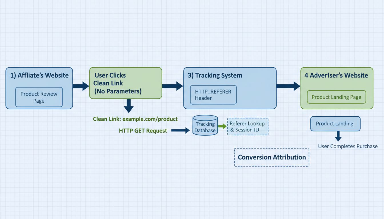 Direct link tracking flow diagram showing HTTP Referer transmission from affiliate site to advertiser