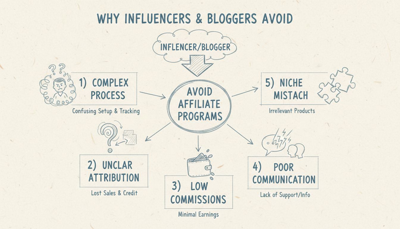 Diagram showing 5 main reasons why influencers avoid affiliate programs: Complex Process, Unclear Attribution, Low Commissions, Poor Communication, and Niche Mismatch