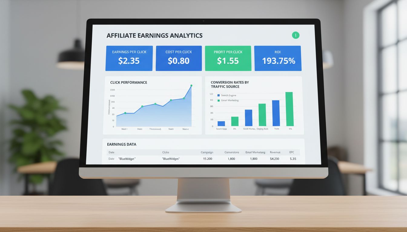 Professional analytics dashboard showing earnings per click metrics, cost per click, and profit calculations