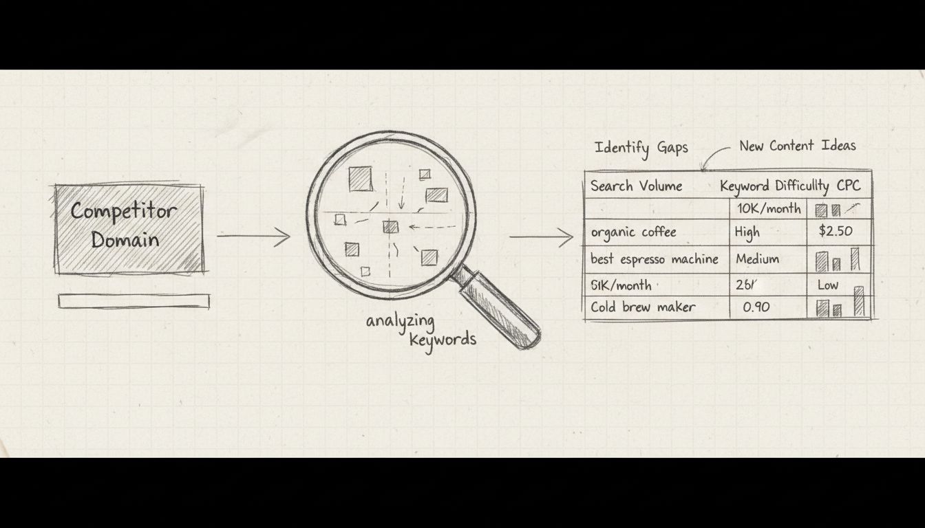 Hand-drawn diagram showing competitor keyword research workflow with domain input, keyword analysis, and metrics