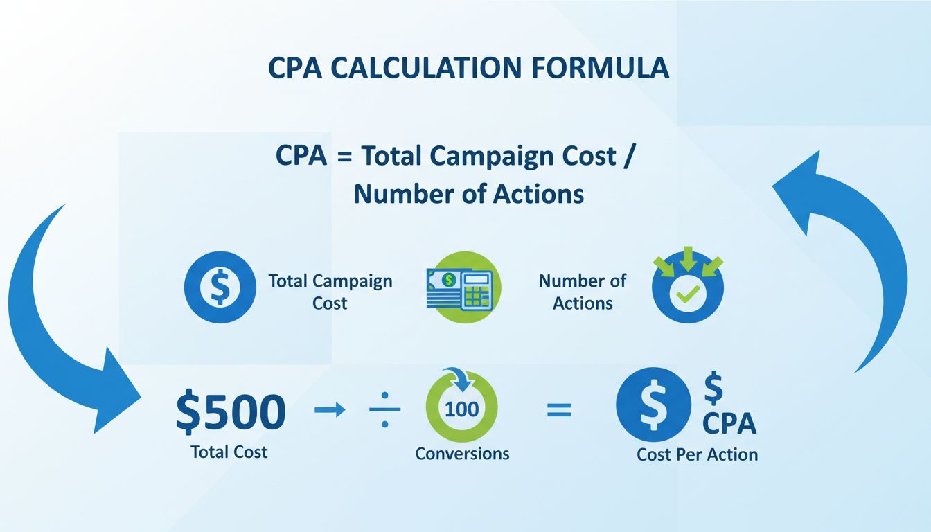 CPA calculation formula infographic showing total campaign cost divided by number of actions