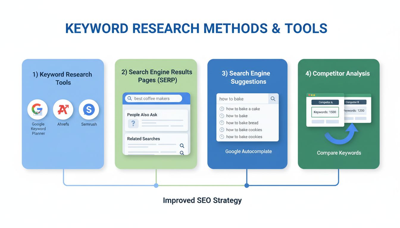 Keyword research methods infographic showing tools, SERP analysis, search suggestions, and competitor analysis