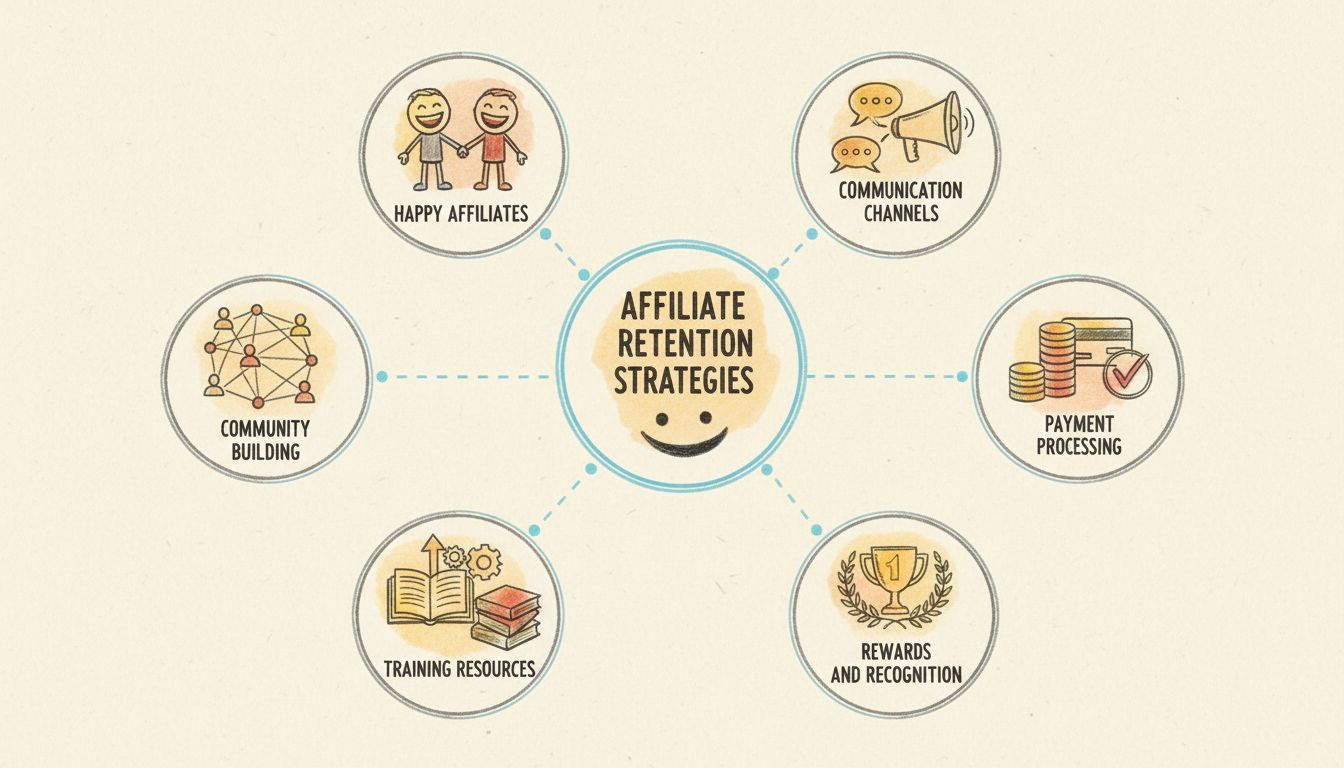 Affiliate retention strategies infographic showing communication, rewards, training, and community building elements