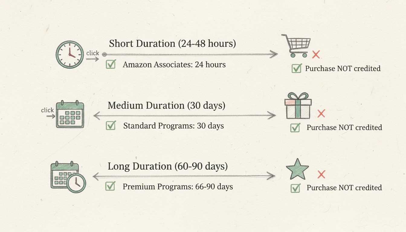 Affiliate cookie duration timeline comparison showing short, medium, and long duration windows