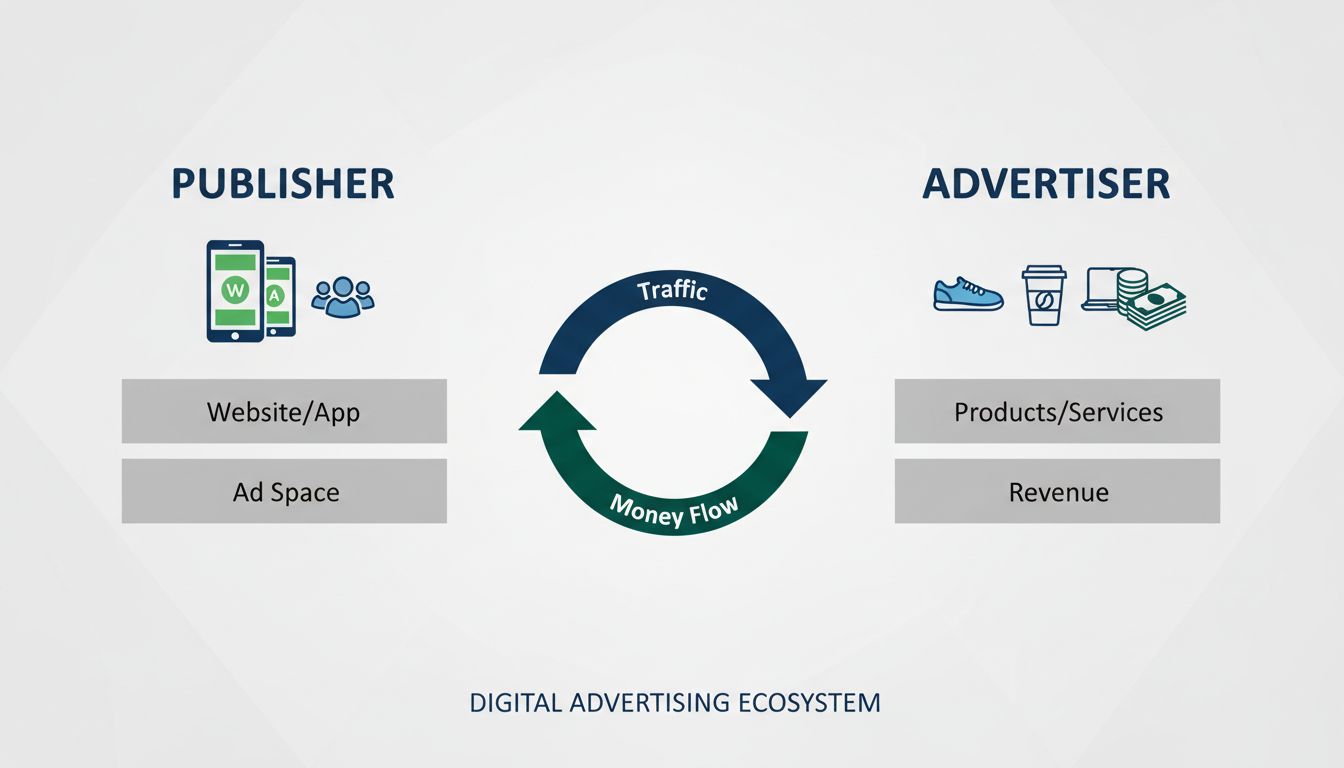 Digital advertising ecosystem showing publisher and advertiser relationship with money and traffic flow