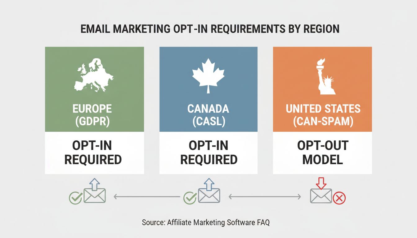 Email marketing opt-in requirements by region: Europe GDPR opt-in required, Canada CASL opt-in required, United States CAN-SPAM opt-out model