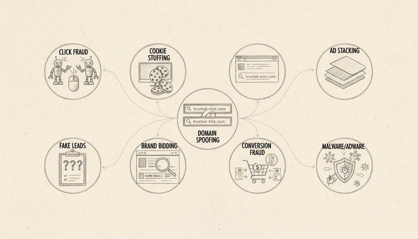 Hand-drawn diagram showing 8 types of affiliate fraud including click fraud, cookie stuffing, fake leads, brand bidding, domain spoofing, ad stacking, conversion fraud, and malware