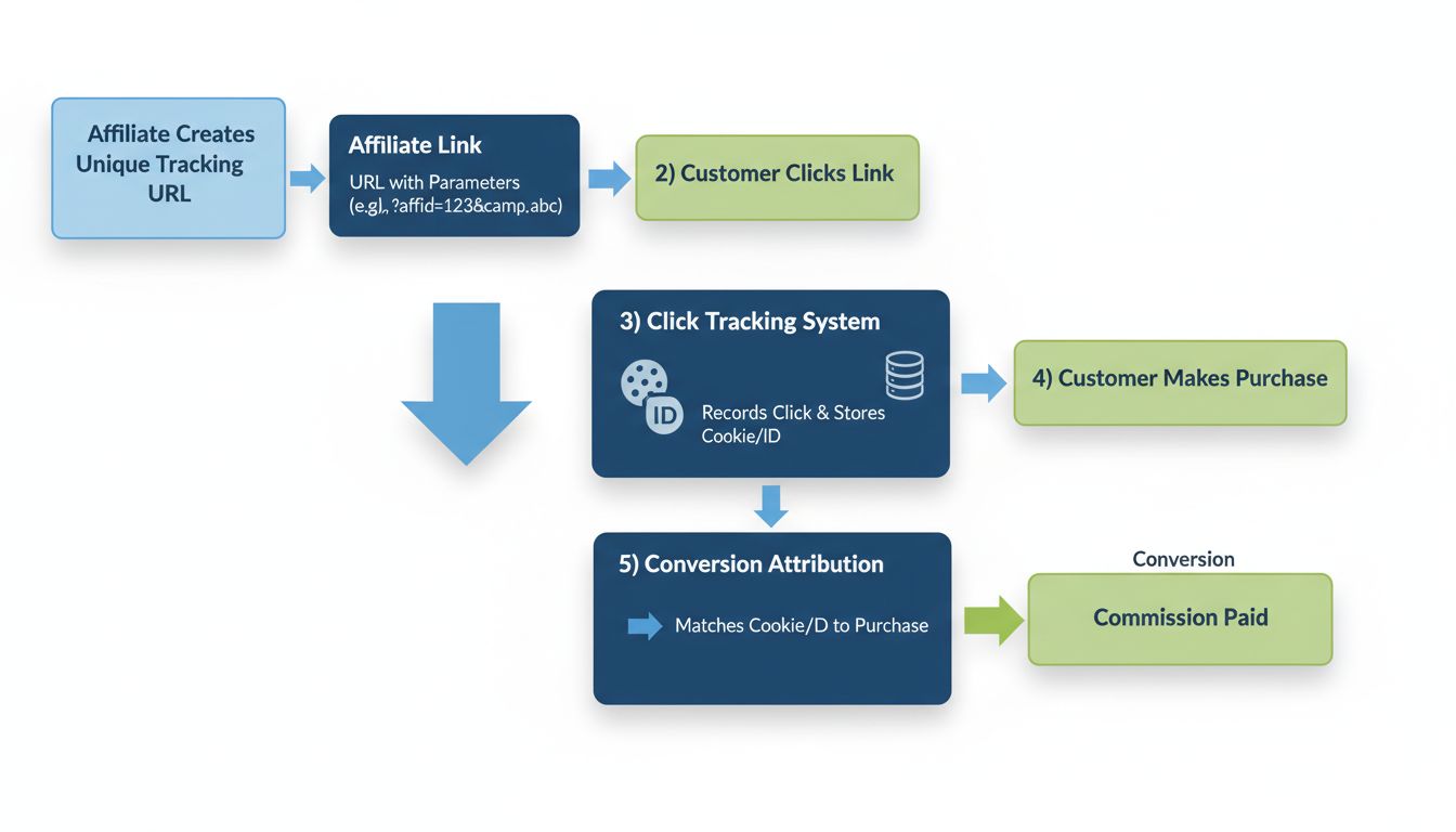 URL tracking flow diagram showing affiliate link creation, customer click, tracking system, purchase, and commission attribution