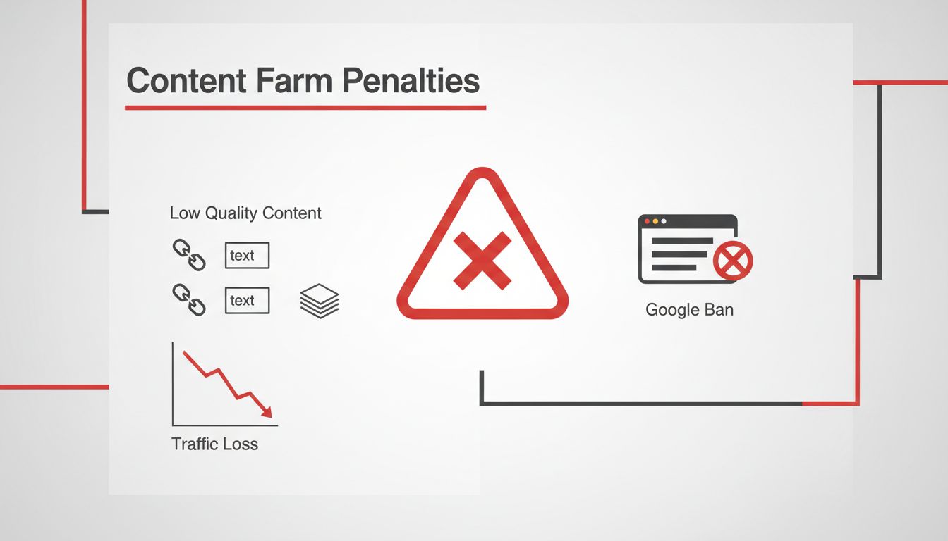 Google penalties and consequences of content farms showing warning symbols, traffic loss, and search ranking drops
