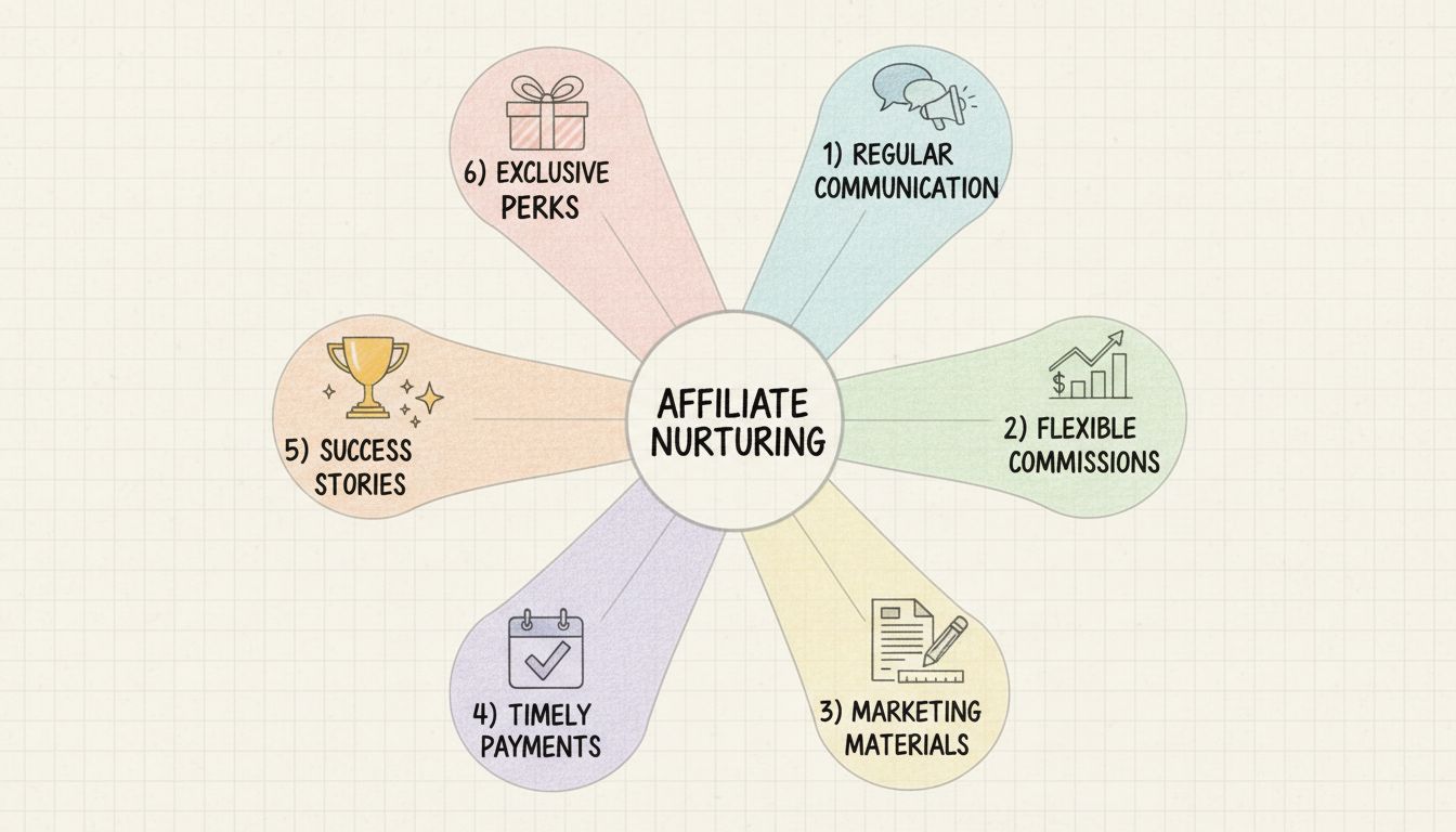 Hand-drawn diagram showing six key affiliate nurturing strategies: Regular Communication, Flexible Commissions, Marketing Materials, Timely Payments, Success Stories, and Exclusive Perks