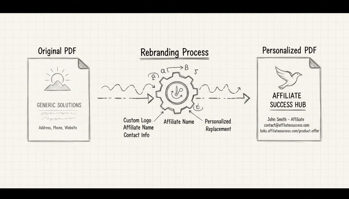 Rebrand PDF workflow diagram showing transformation from original PDF to personalized affiliate version with custom branding and links