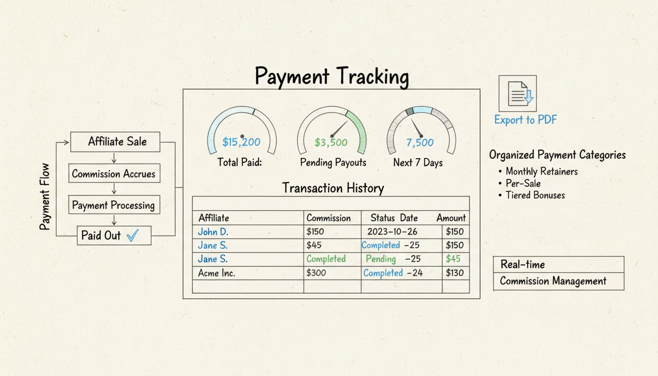 Payment tracking dashboard with export to PDF functionality showing transaction history and commission management
