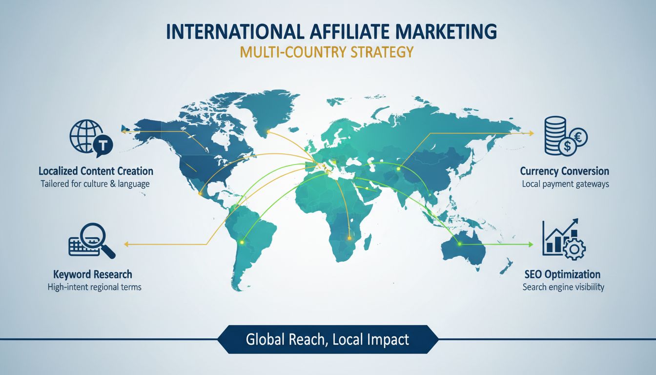 International SEO affiliate marketing strategy infographic showing multi-country approach with localized content and regional optimization
